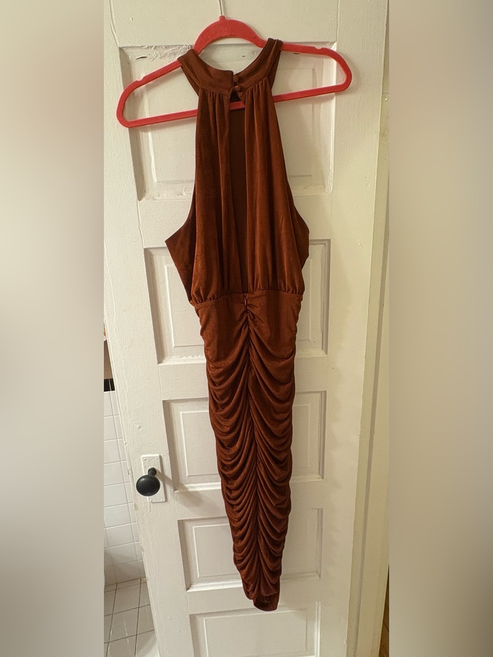 Lulu's Rust Halter Ruched Midi Dress - Picture 3 of 3
